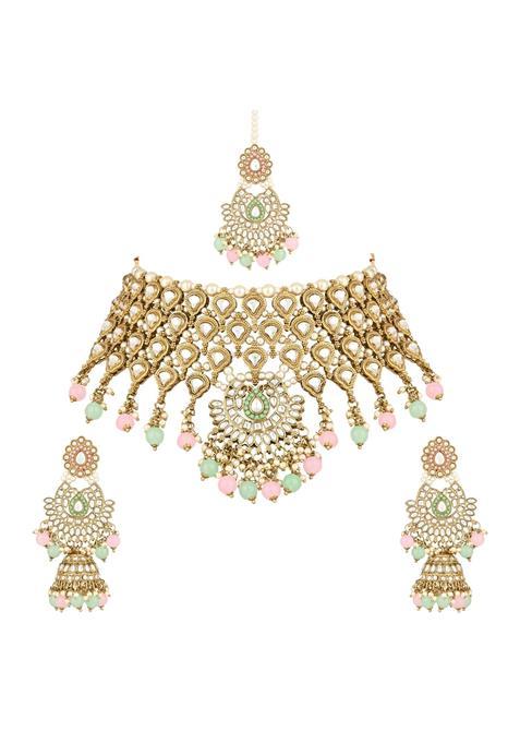 I Jewels Gold Plated Traditional Kundan and Pearl Drop Bridal Choker Necklace Jewellery with Jhumki Earrings