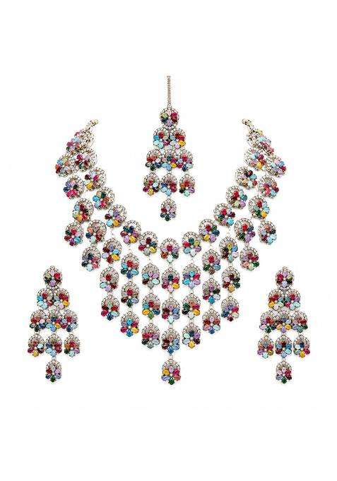 Rozbella Silver Traditional Navratri Multicolour Jewellery for Women with Earrings and Maang Tikka