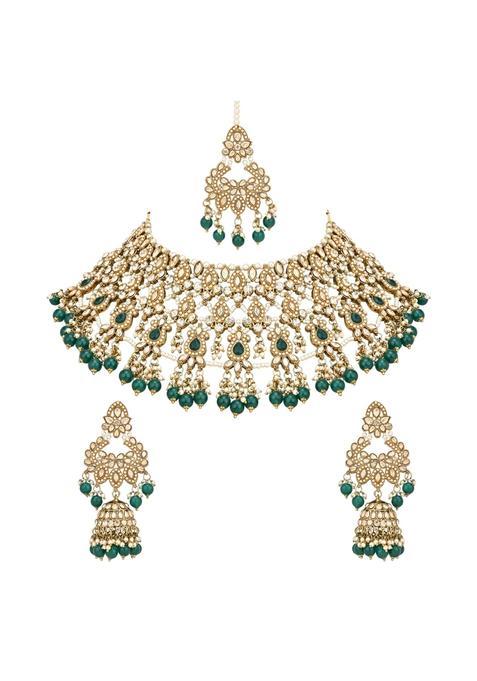I Jewels Stylish Gold Plated Traditional Kundan and Pearl Drops Bridal Choker Necklace Jewellery with Jhumki