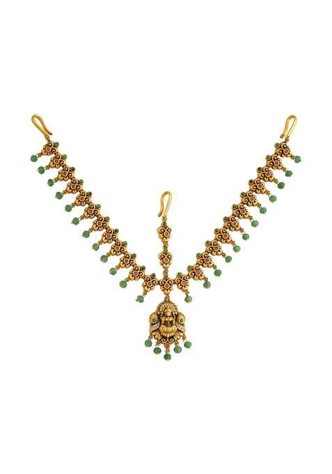 Kushals Fashion Jewellery Ruby Green Gold Polished Copper Antique Tikka Best for Bridesmaids
