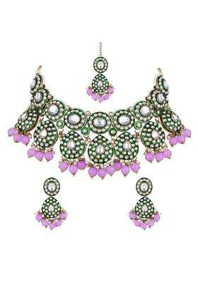 I Jewels Gold Plated Traditional Kundan and Pearl Drop Bridal Necklace with Earrings and Maang Tikka Jewellery