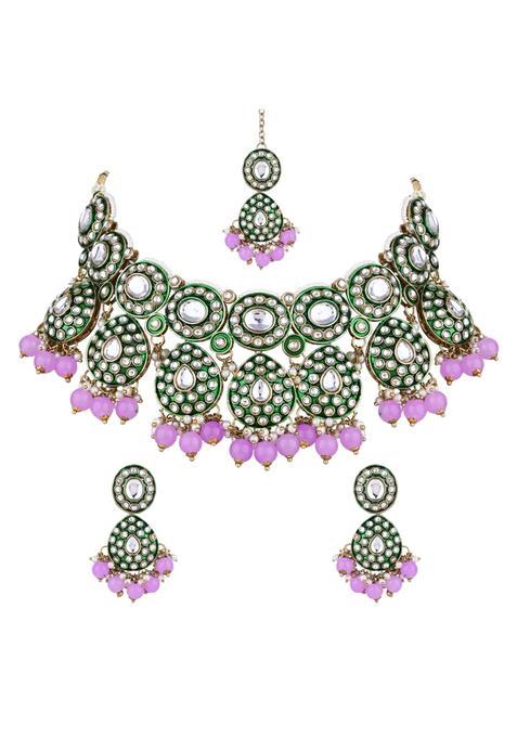 I Jewels Gold Plated Traditional Kundan and Pearl Drop Bridal Necklace with Earrings and Maang Tikka Jewellery