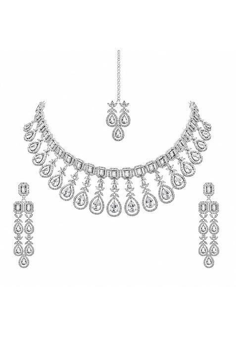 TR Creation Silver American Diamond Stone Studded Anti Tarnish Jewellery Set for Women and Girls