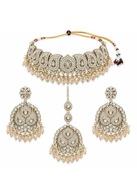 SK Jewellers Fashion Beige Traditional Bale Necklace Set for Women with Matching Earrings and Maang Tikka