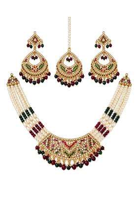 Multicolour Wishberrie Hyderabadi Jadau Necklace Set with Earrings and Maang Tikka for Women