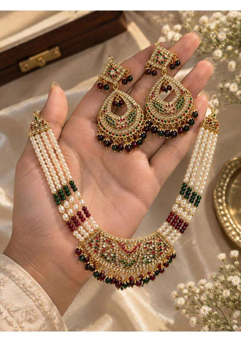 Multicolour Wishberrie Hyderabadi Jadau Necklace Set with Earrings and Maang Tikka for Women - Indya