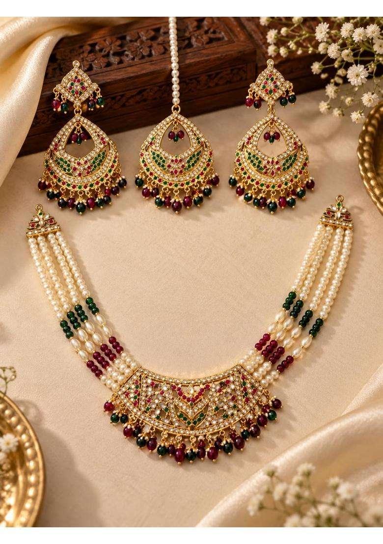 Multicolour Wishberrie Hyderabadi Jadau Necklace Set with Earrings and Maang Tikka for Women - Indya