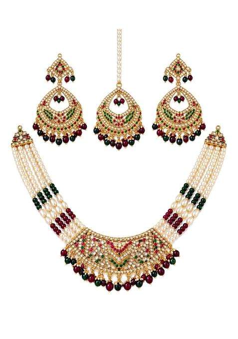 Multicolour Wishberrie Hyderabadi Jadau Necklace Set with Earrings and Maang Tikka for Women