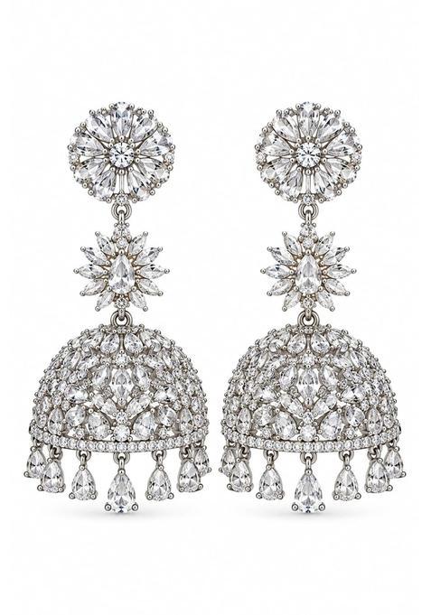 Rumils Avira Earrings and Maang Tikka Set for Women Silver Tone American Diamond Jhumka with Matching Maang