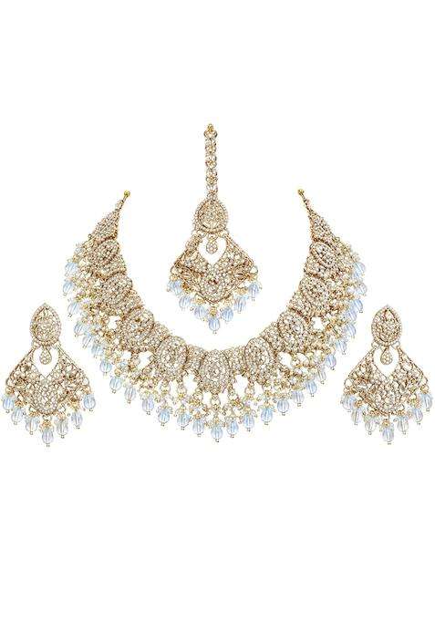 SK Jewellers Fashion Traditional Ethnic Choker Necklace Set with Matching Earrings and Maang Tikka for Women