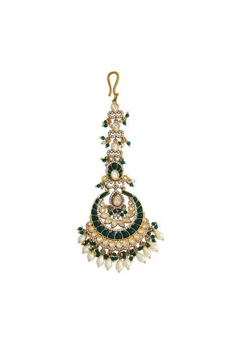 Kushals Fashion Jewellery Ruby Green Victorian Polished Copper Kundan Tikka Best for Bridesmaids