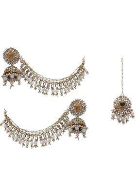 EVY Beautiful Mirror Work Pearls Jhumka Earrings Kaan Chain Tikka Set