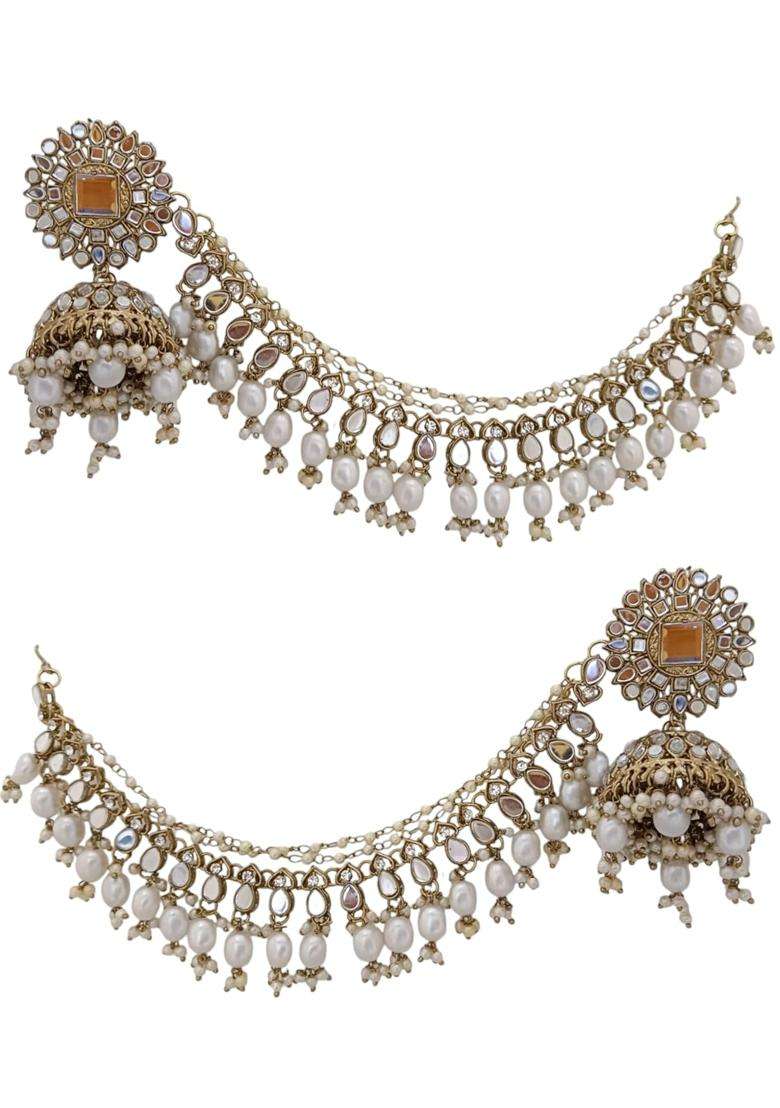 EVY Beautiful Mirror Work Pearls Jhumka Earrings Kaan Chain Tikka Set - Indya