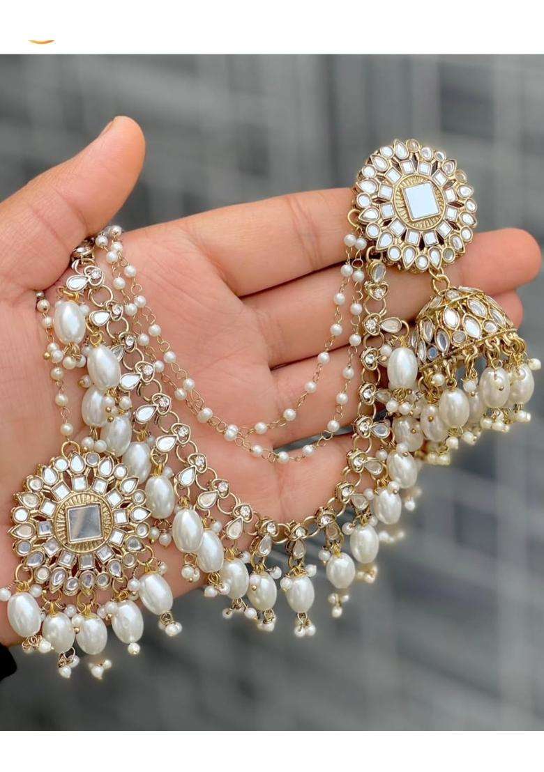 EVY Beautiful Mirror Work Pearls Jhumka Earrings Kaan Chain Tikka Set - Indya