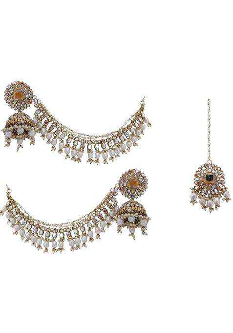 EVY Beautiful Mirror Work Pearls Jhumka Earrings Kaan Chain Tikka Set