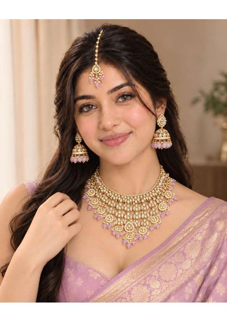 Kundan Bridal Jewellery Set with Jhumka Earrings and Maang Tikka by Aksharas - Indya