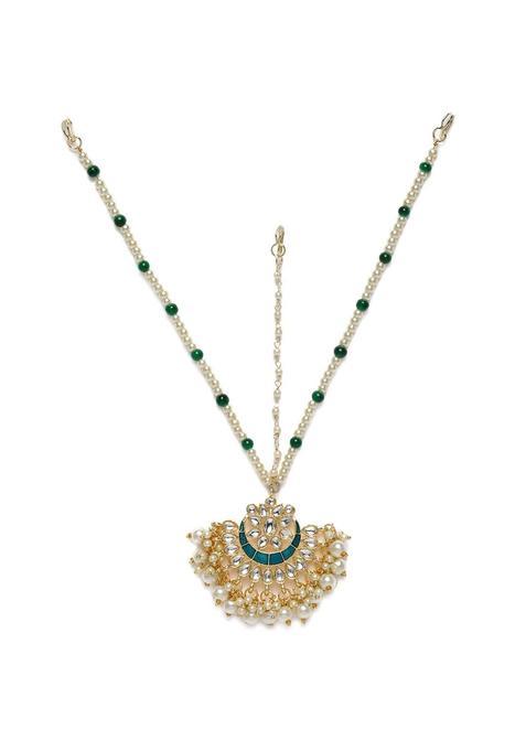 Accessher Gold Tone Plated Elegant Kundan and Pearls Bridal Mathapatti Damini Maang Tika for Women and Girls
