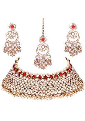 Peora Green Gold Plated Indian Traditional Polki Look Kundan Bridal Necklace Earring Set with Maang Tikka