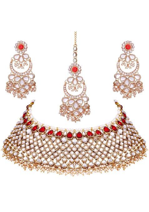 Peora Green Gold Plated Indian Traditional Polki Look Kundan Bridal Necklace Earring Set with Maang Tikka