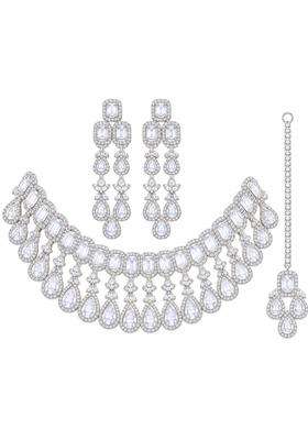 Silver Tone CZ Bridal Choker Set with Tikka
