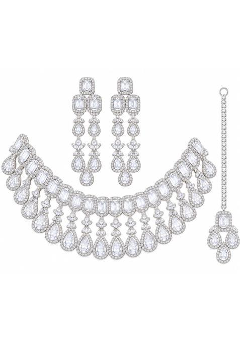 Silver Tone CZ Bridal Choker Set with Tikka