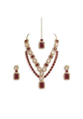 Mahera Jewels Polki Style Double Layer Necklace Set for Women with Wine Stone CZ Diamond Studded Jewellery Set