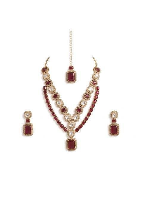 Mahera Jewels Polki Style Double Layer Necklace Set for Women with Wine Stone CZ Diamond Studded Jewellery Set