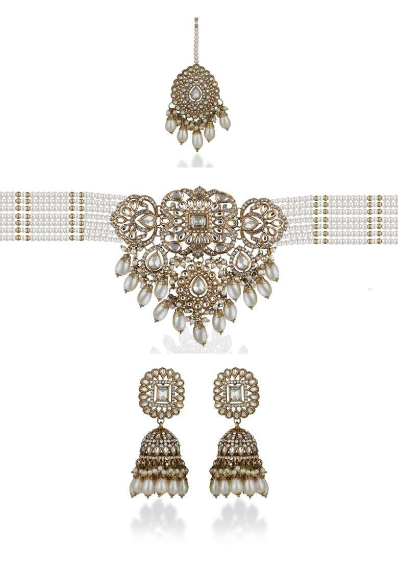 Reesha Jewel Maroon Kundan Pearl Choker Necklace Set with Jhumka Earrings and Maang Tikka - Indya