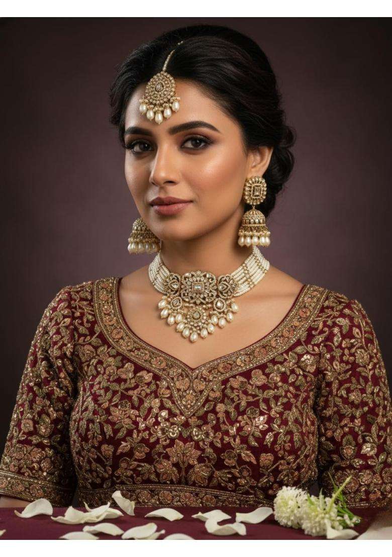 Reesha Jewel Maroon Kundan Pearl Choker Necklace Set with Jhumka Earrings and Maang Tikka - Indya