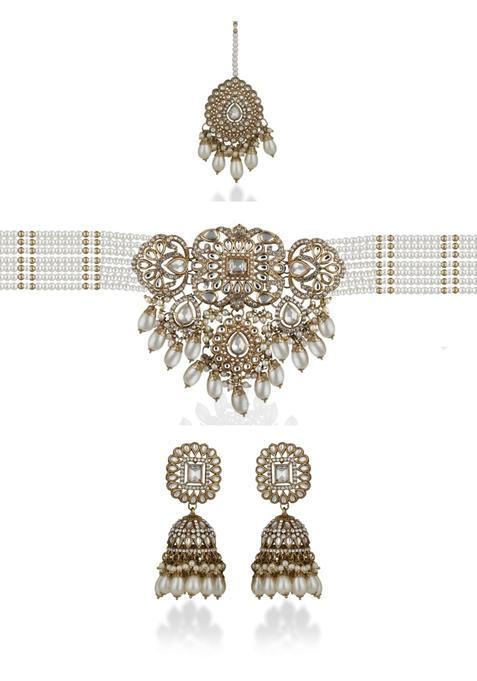 Reesha Jewel Maroon Kundan Pearl Choker Necklace Set with Jhumka Earrings and Maang Tikka