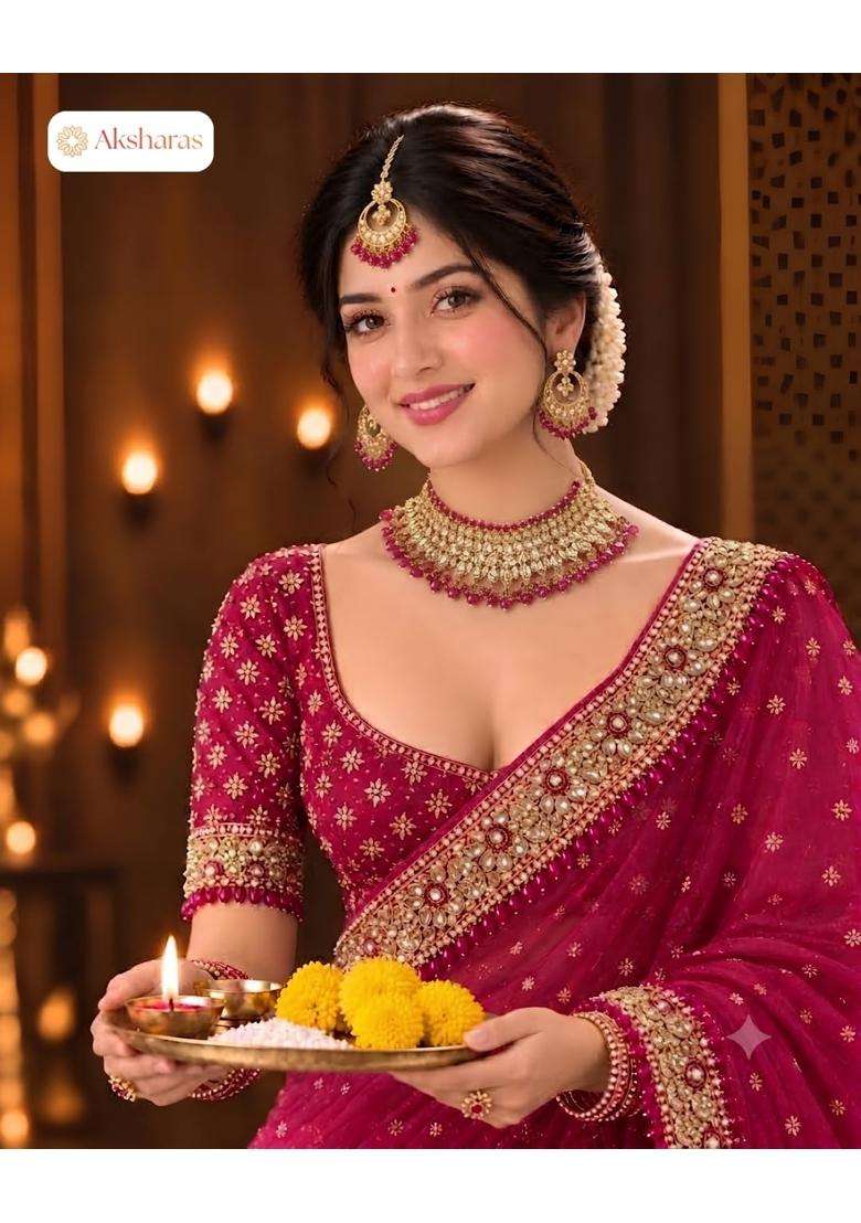 Maroon Chandbali Kundan Choker Necklace Set with Earrings and Maang Tikka by Aksharas - Indya
