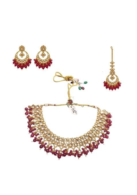Maroon Chandbali Kundan Choker Necklace Set with Earrings and Maang Tikka by Aksharas
