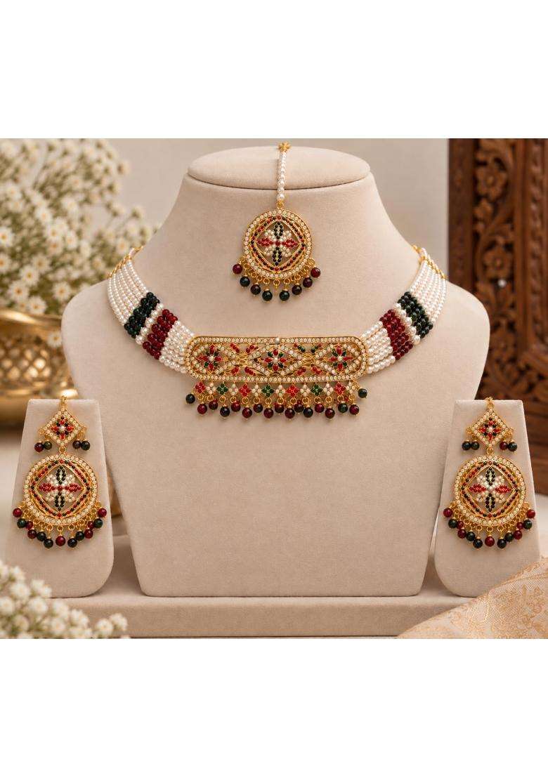 Multicolour Wishberrie Hyderabadi Jadau Kundan Pearl Choker Necklace Set with Earrings and Round Maang Tikka - Indya