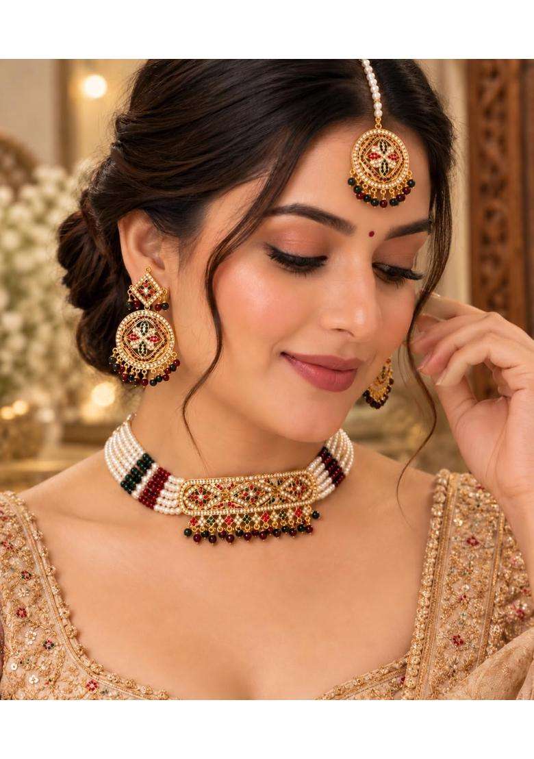 Multicolour Wishberrie Hyderabadi Jadau Kundan Pearl Choker Necklace Set with Earrings and Round Maang Tikka - Indya