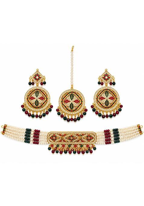 Multicolour Wishberrie Hyderabadi Jadau Kundan Pearl Choker Necklace Set with Earrings and Round Maang Tikka