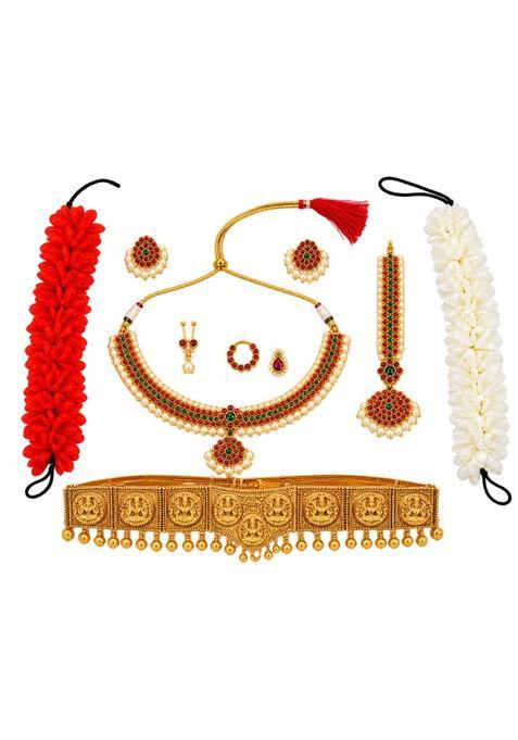 Shreeji Bharatnatyam Golden Traditional Indian Jewelry Set for Women with Necklace Maang Tikka Earrings Waist