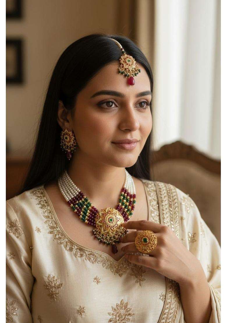 Jadau Traditional Bridal Choker Necklace Set with Earrings and Maang Tikka - Indya