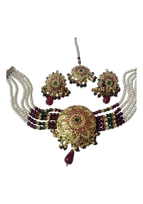 Jadau Traditional Bridal Choker Necklace Set with Earrings and Maang Tikka