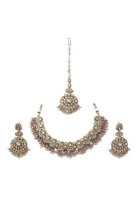Gold Polki Choker Necklace Set with Earrings and Maang Tikka
