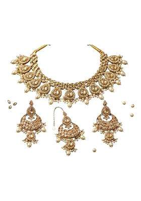 Gold Kundan Bridal Necklace Set with Chandbali Earrings and Maang Tikka