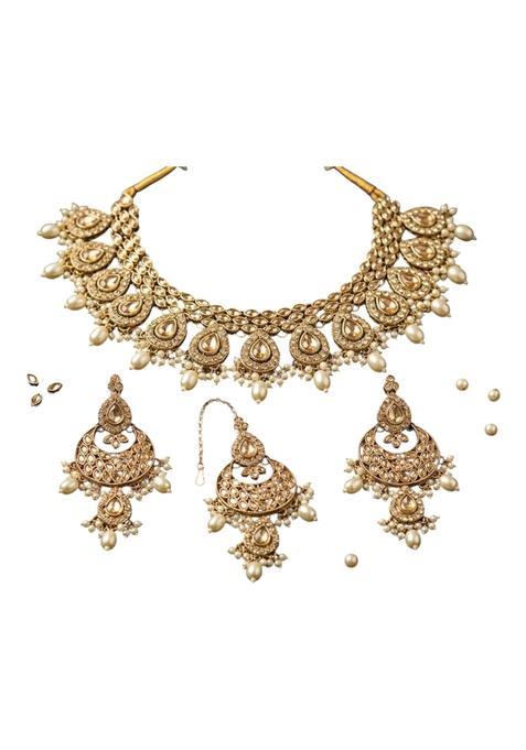 Gold Kundan Bridal Necklace Set with Chandbali Earrings and Maang Tikka