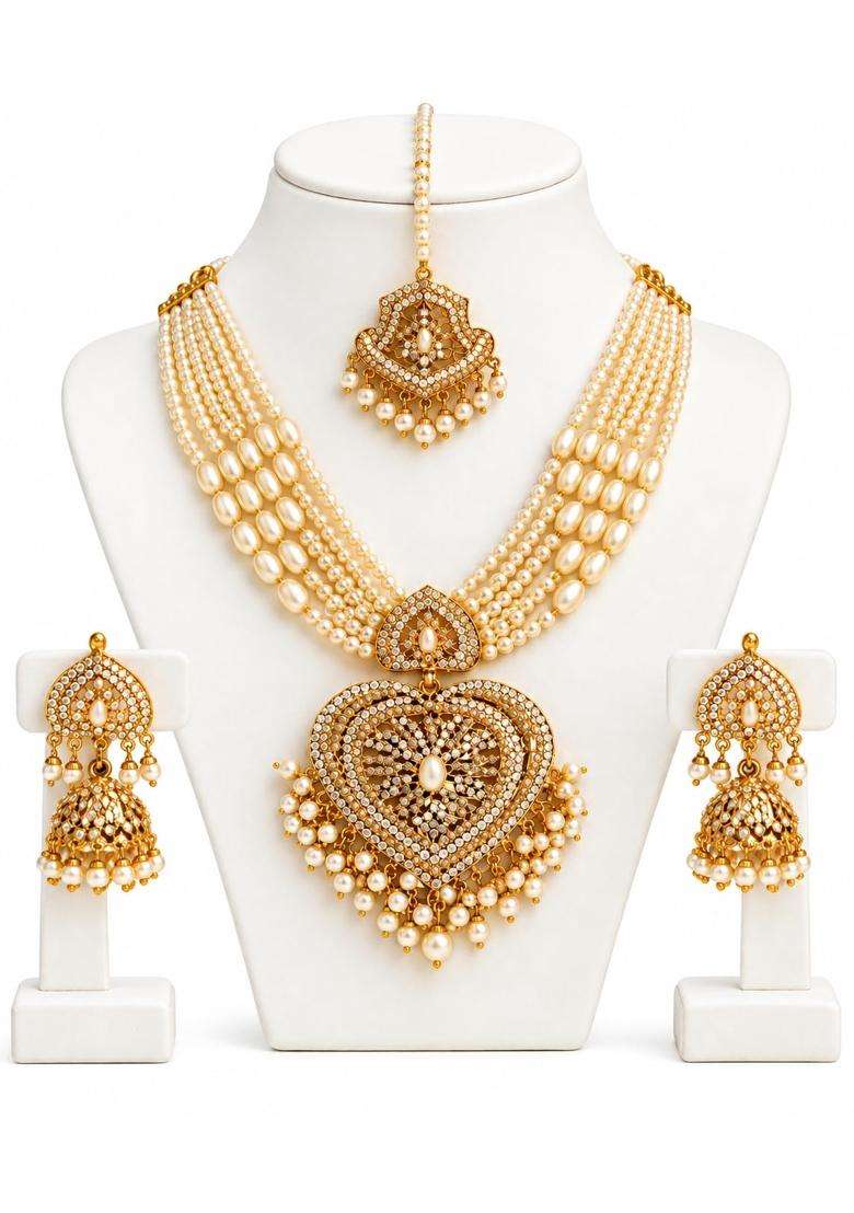 Multicolour Hyderabadi Jadau Kundan Pearl Jewellery Set with Jhumka and Maang Tikka - Indya