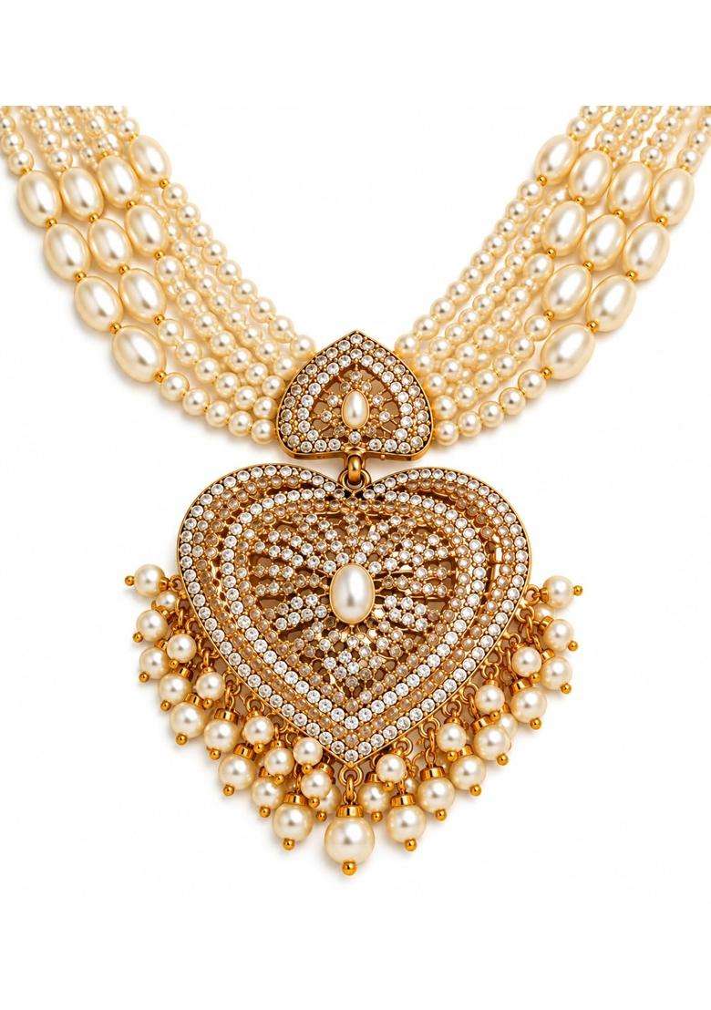 Multicolour Hyderabadi Jadau Kundan Pearl Jewellery Set with Jhumka and Maang Tikka - Indya