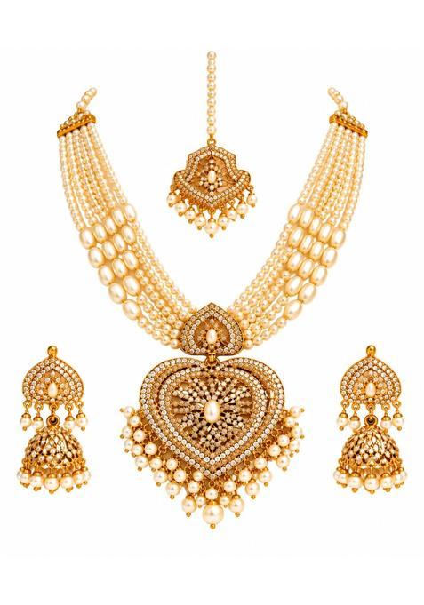 Multicolour Hyderabadi Jadau Kundan Pearl Jewellery Set with Jhumka and Maang Tikka