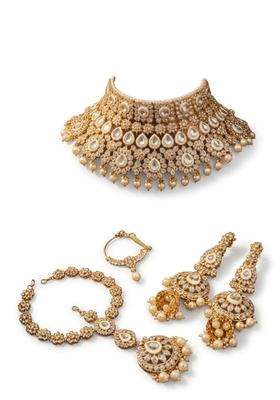 Gold Plated Bridal Jewellery Set for Women with Choker Necklace Earrings Maang Tikka and Nath