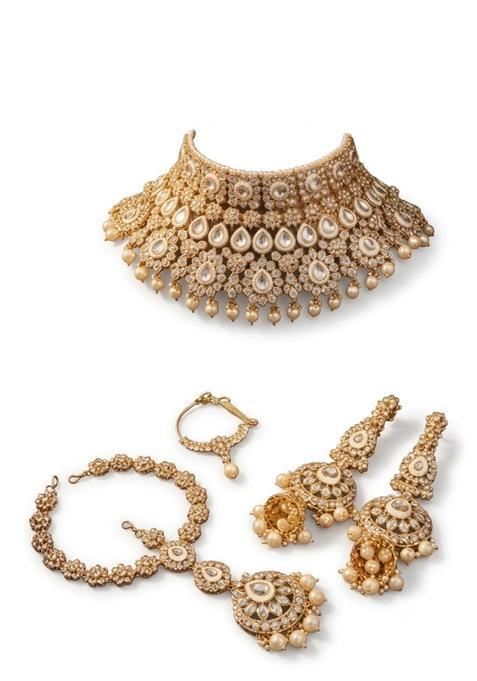 Gold Plated Bridal Jewellery Set for Women with Choker Necklace Earrings Maang Tikka and Nath