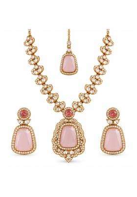 Samthea Studio Ruby Red Necklace Set with Earrings and Maang Tikka