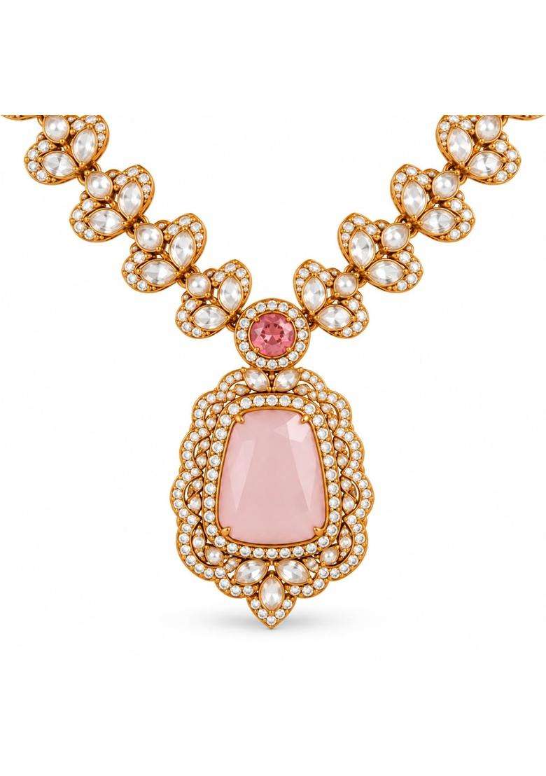 Samthea Studio Ruby Red Necklace Set with Earrings and Maang Tikka - Indya