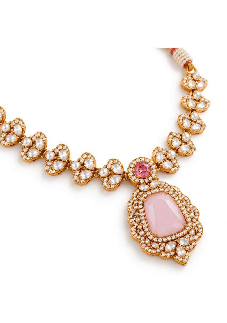 Samthea Studio Ruby Red Necklace Set with Earrings and Maang Tikka - Indya