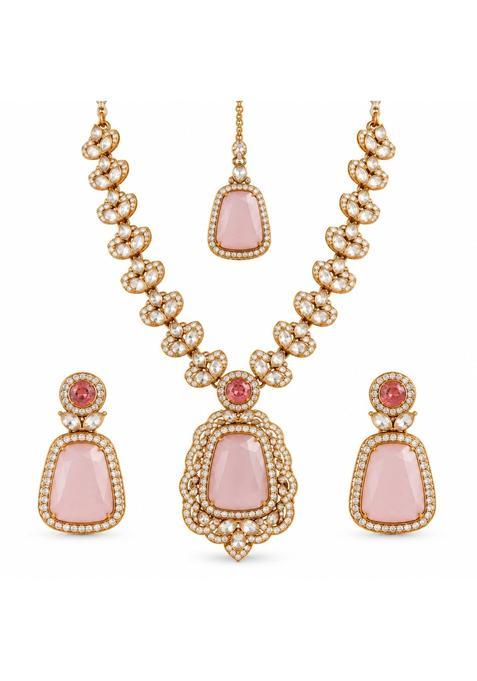 Samthea Studio Ruby Red Necklace Set with Earrings and Maang Tikka